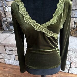 Cider Olive Velvet with Lace Accent Blouse